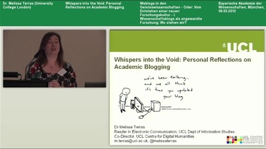 Whispers into the Void - Personal Reflections on Academic Blogging
Vortrag von Dr. Melissa Terras