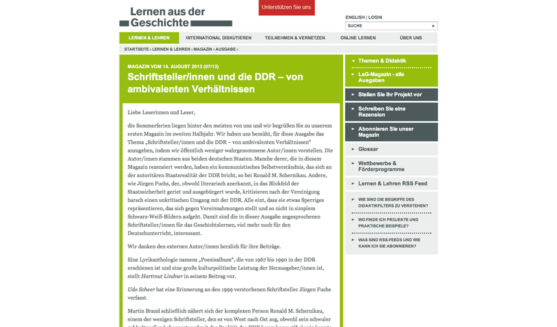 LaG-Magazin vom August 2013: Schriftsteller/innen und die DDR – von ambivalenten Verhältnissen