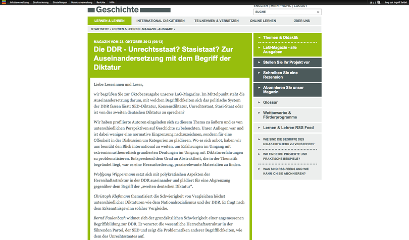 LaG-Magazin vom Oktober 2013: Die DDR - Unrechtsstaat? Stasistaat? Zur Auseinandersetzung mit dem Begriff der Diktatur