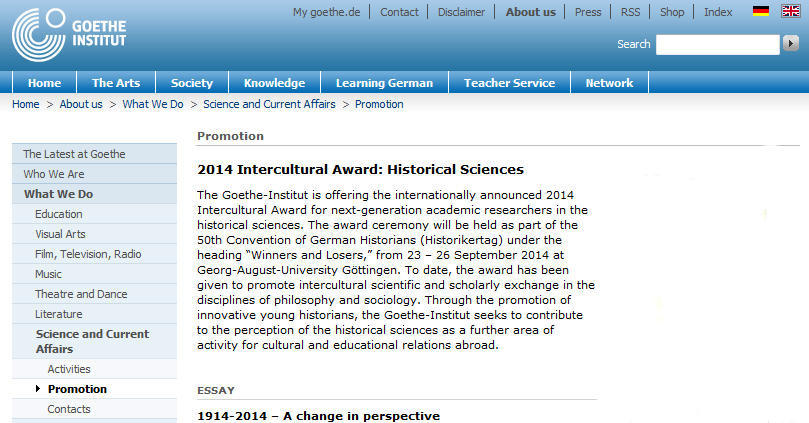 2014 Intercultural Award: Historical Sciences - "1914-2014 – A change in perspective"
