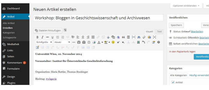 Ank./CfP: Bloggen in Geschichtswissenschaft und Archivwesen (Workshop, Wien, 10.11.2014) | #wbgavie