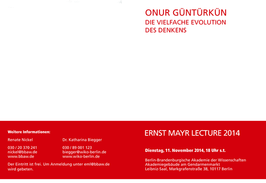 Ernst Mayr Lecture | Onur Güntürkün: Die vielfache Evolution des Denkens | 11.11.2014, 18:00 – 20:00 Uhr